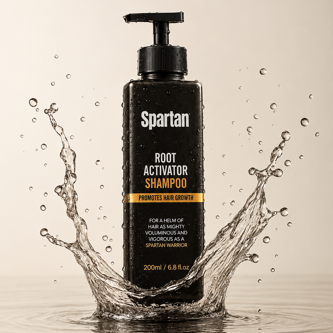 Spartan Root Activator Shampoo surrounded by a clear water splash