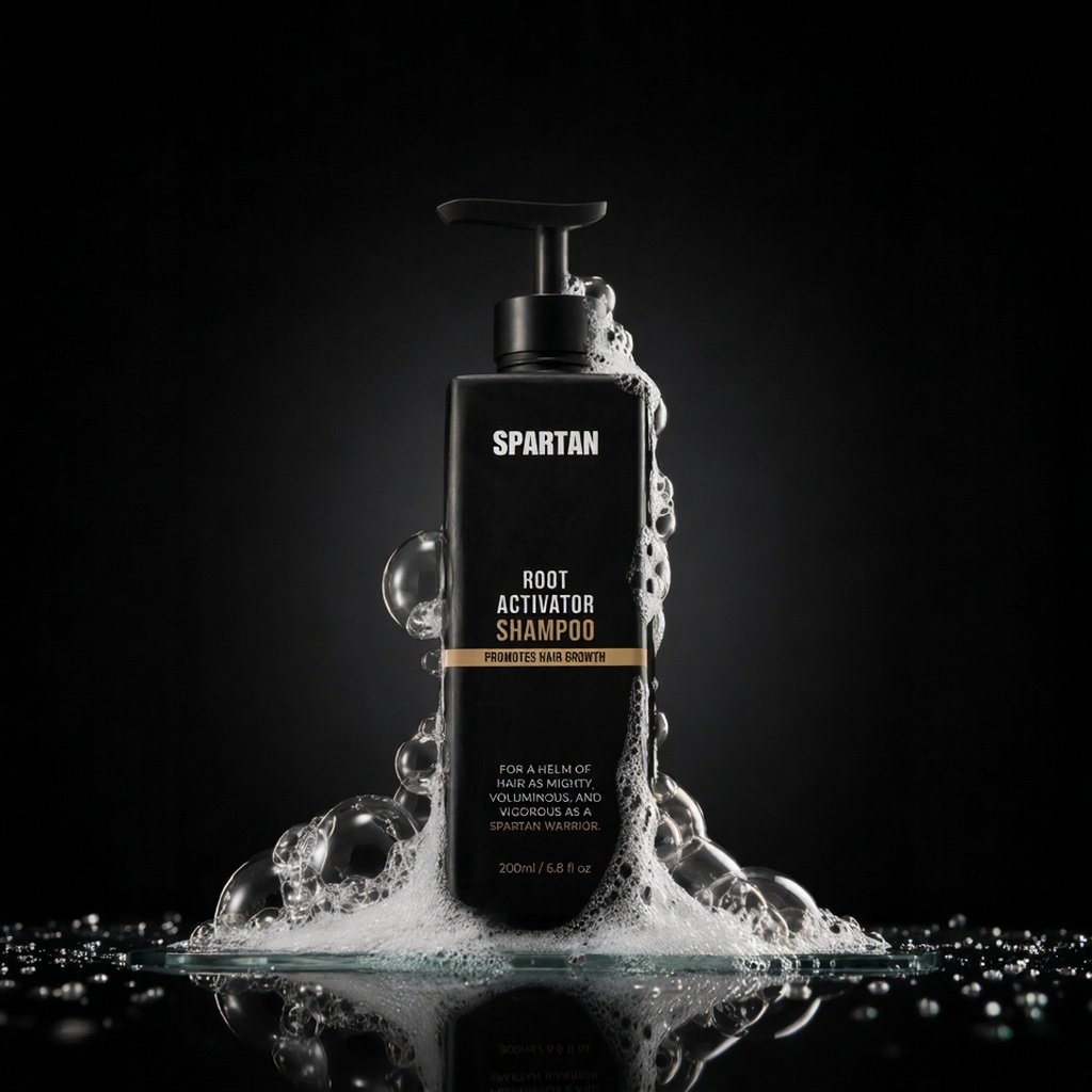 Spartan shampoo with foam on a dark reflective surface