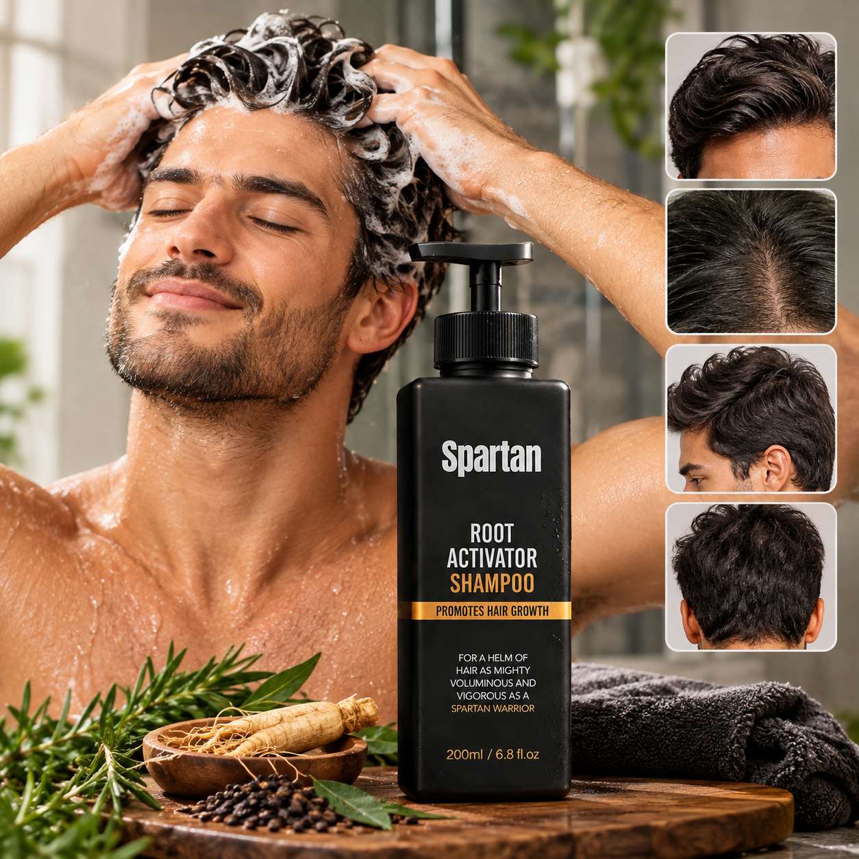 Spartan shampoo alongside a man washing his hair and close-up hair views